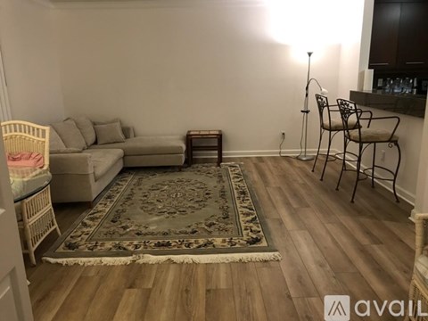 A living room with a couch and a rug.