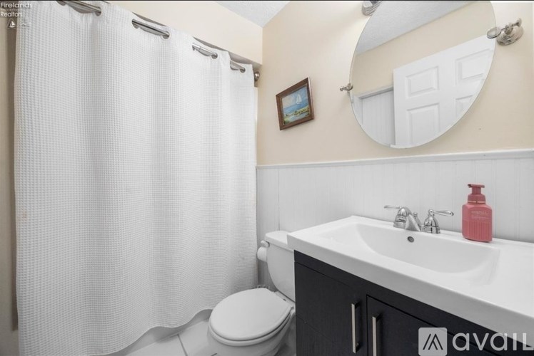 A bathroom with a toilet, sink, and shower curtain.
