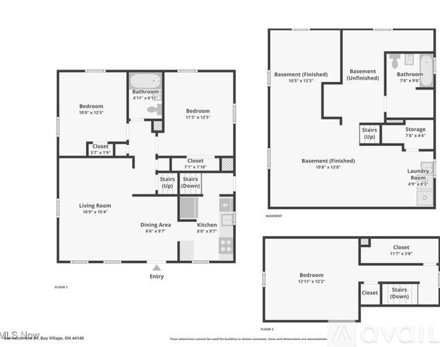 A floor plan of a two-story home with a living room, two bedrooms, a dining area, a kitchen, and a laundry room.