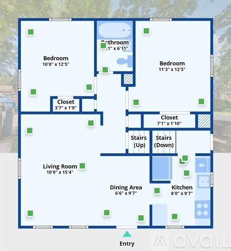 A blueprint of a house layout with two bedrooms, two closets, a living room, a dining area, a kitchen, and two sets of stairs.