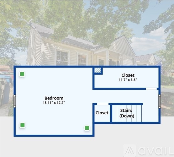 A floor plan of a house with a bedroom and two closets.