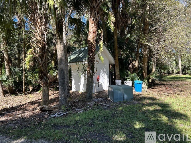 A small white building is surrounded by tall trees.