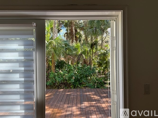 A view of a backyard through an open door.