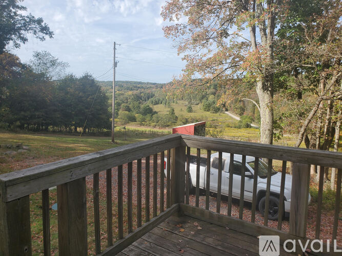 A car is parked on a wooden deck with a view of a grassy field and trees.