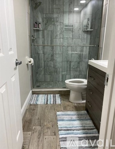 A bathroom with a toilet, a walk-in shower, and a wooden floor.
