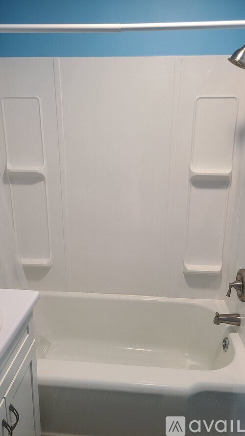 A white bathtub with a white door and a white cabinet.