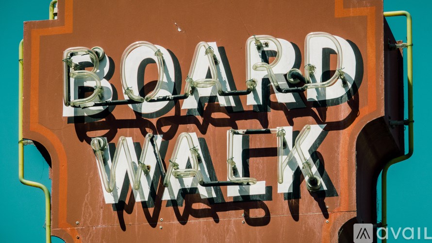 A sign that says Boardwalk in front of a blue sky.
