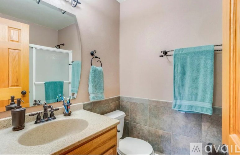 A bathroom with a sink, toilet, and a mirror.
