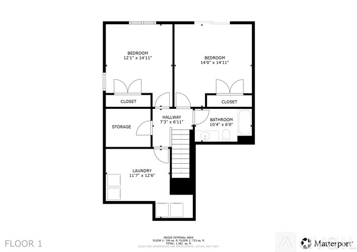 A floor plan for a home with two bedrooms, a laundry room, and a storage space.