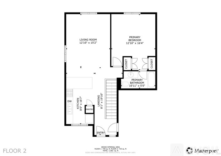 A floor plan for a home with a living room, two bedrooms, a bathroom, a kitchen, a dining room, and an entry.