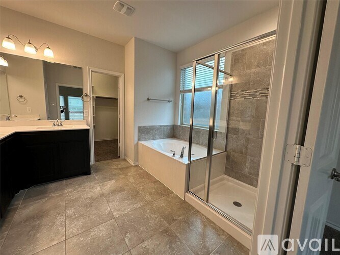 A bathroom with a walk-in shower and a sink.