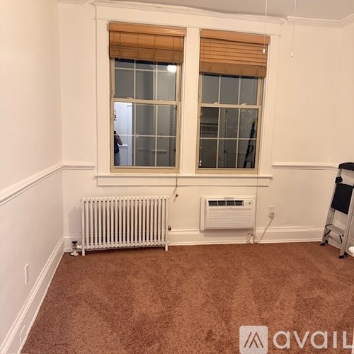 A room with a window, a radiator, and a carpet.