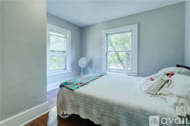 A bedroom with a bed, a fan, and two windows.