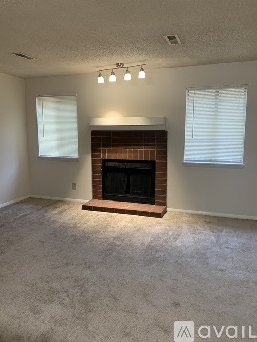 A living room with a fireplace and two windows.