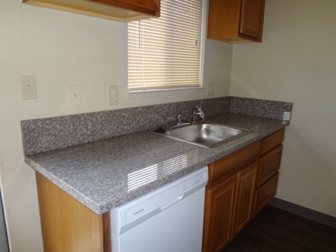 A kitchen with a washer and dryer built into the counter.