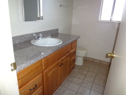A bathroom with a sink, toilet and a mirror.