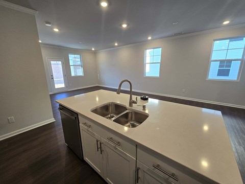 A kitchen with a sink and cabinets.