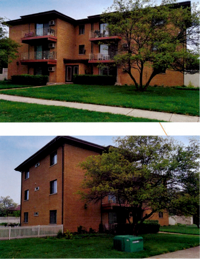 Two images of a red brick apartment building with green lawn and trees.
