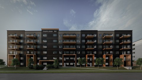 A modern apartment building with the name "beydo plano" on the facade.