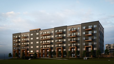 A modern apartment building with balconies and a sign that reads "Bank of Scotland 200".