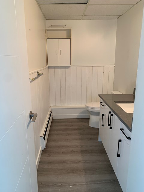 A small bathroom with a toilet, sink, and cabinet.