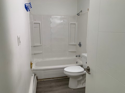 A white bathroom with a toilet and a bathtub.