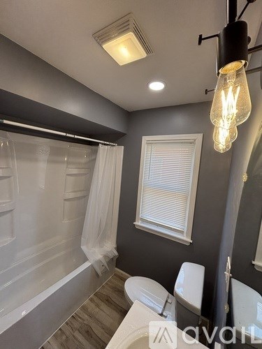 A bathroom with a white toilet, a bathtub with a shower curtain, and a light hanging from the ceiling.