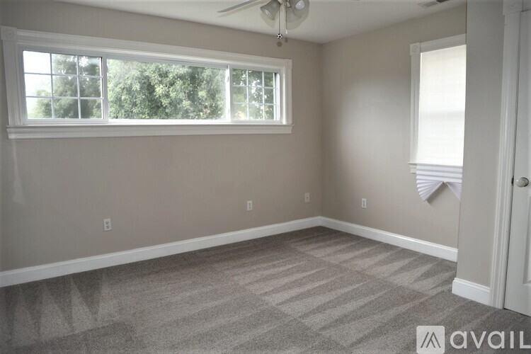 A room with a carpeted floor and a window.