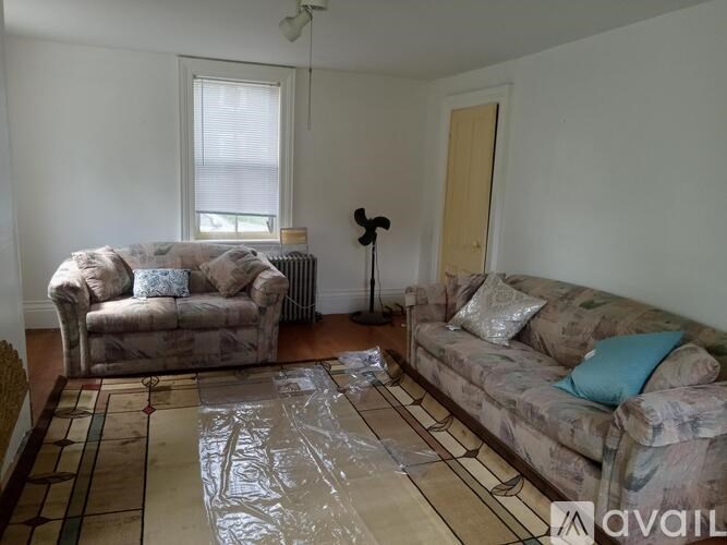 A living room with a couch, chair, and rug.