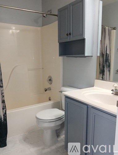 A bathroom with a toilet, sink, and shower.