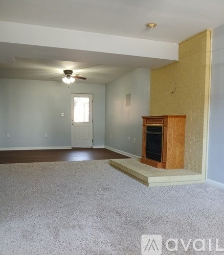 A living room with a fireplace and a carpet.