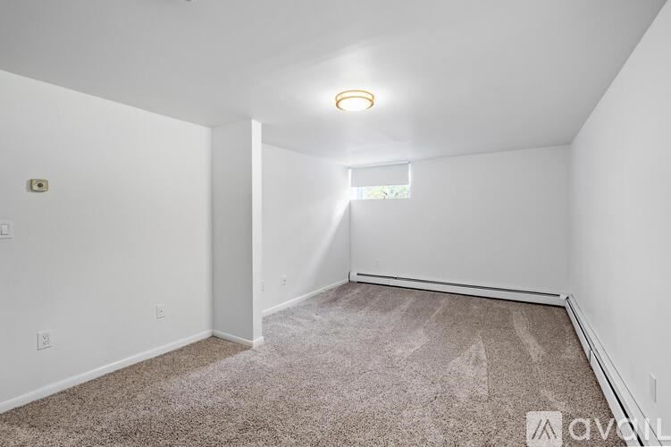 A room with a carpeted floor and a window letting in natural light.