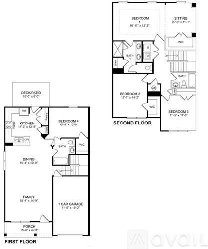 A black and white floor plan of a two-story house with labeled rooms and dimensions.
