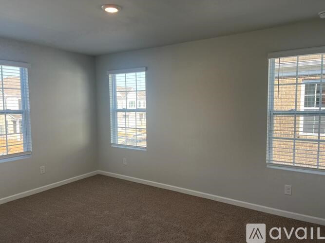 A room with two windows and carpeted floor.