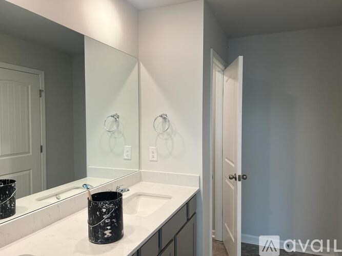 A bathroom with a white sink and a mirror above it.
