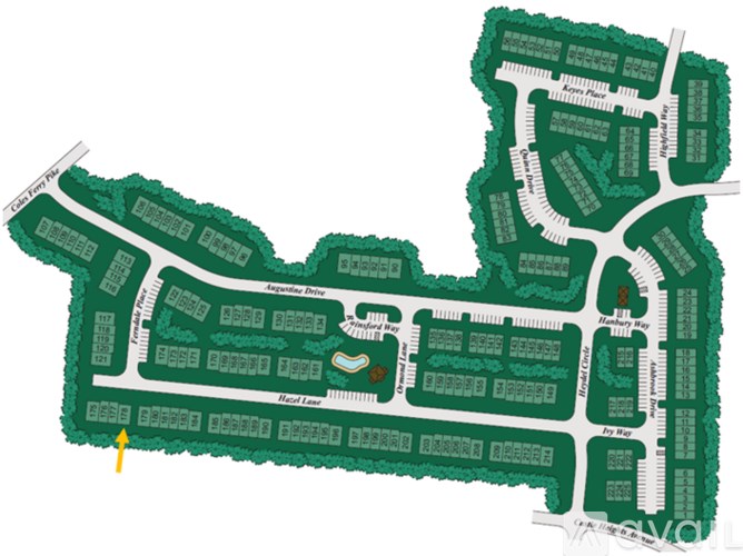 A map of a residential area with streets and houses.