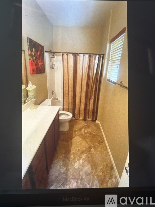 A bathroom with a toilet, sink, and shower curtain.