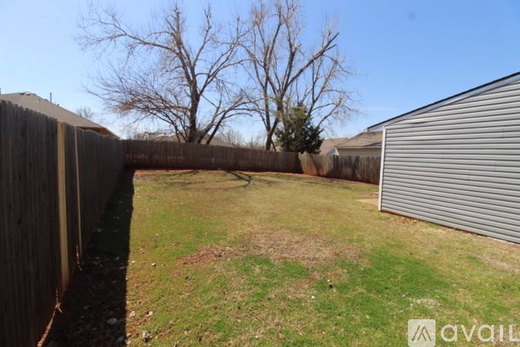 A backyard with a fence, a tree, and a shed.