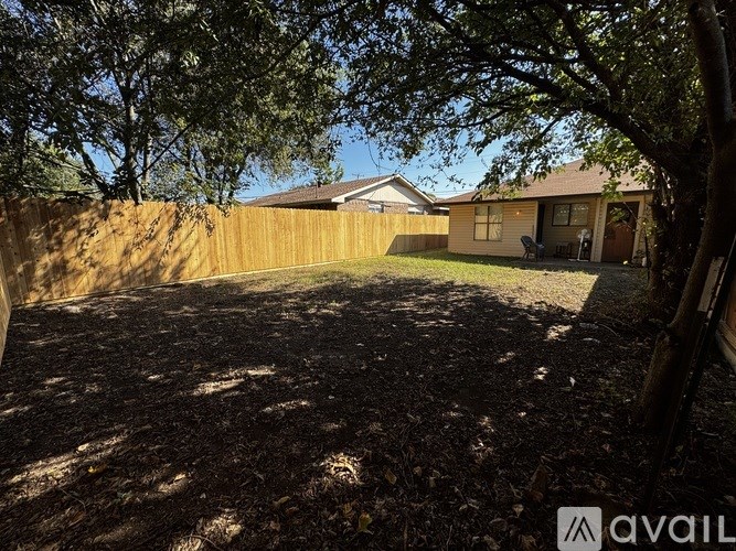 A backyard with a wooden fence and a tree.