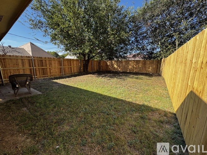A backyard with a tree, a fence, and a house.