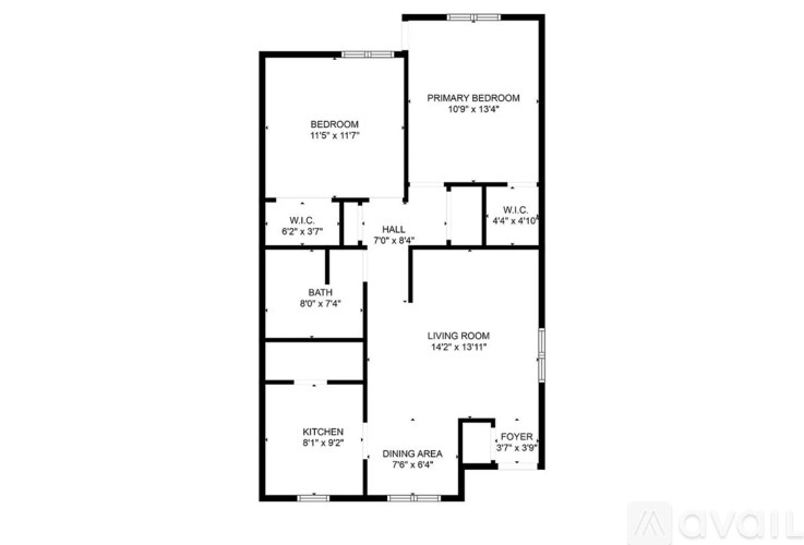 A floor plan of a house with a living room, two bedrooms, a kitchen, and a dining area.