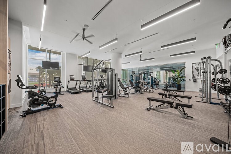 A well-equipped gym with a variety of exercise machines and a ceiling fan.