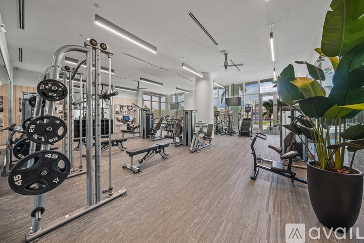 A gym with a variety of equipment including weights and cardio machines.