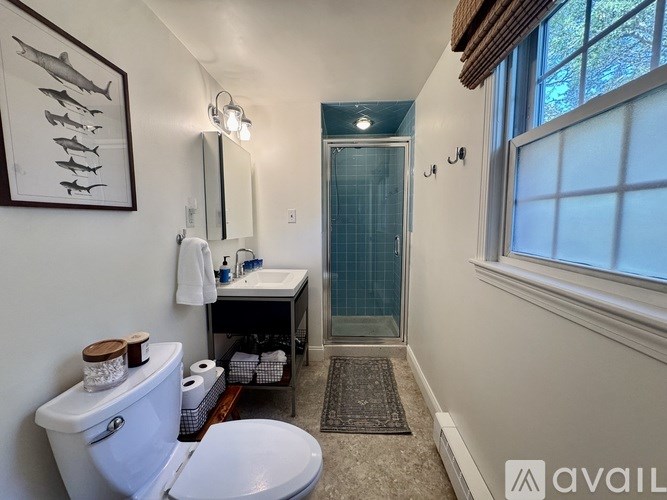 A bathroom with a toilet, sink, and a window.