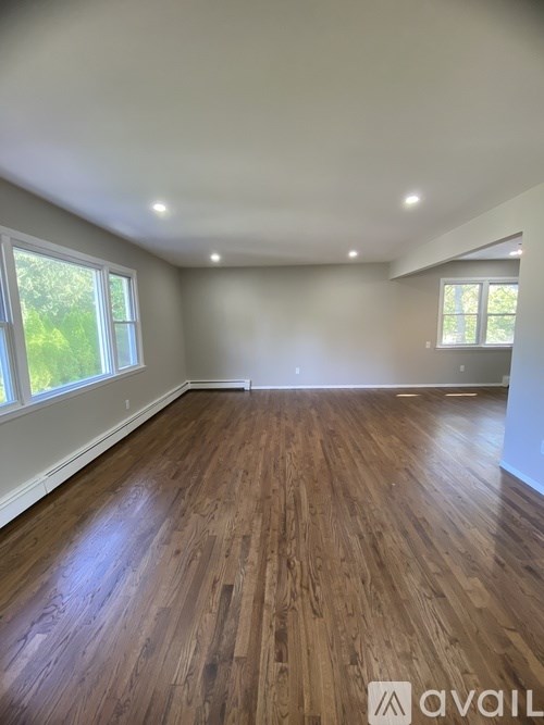 A room with wooden flooring and two windows.