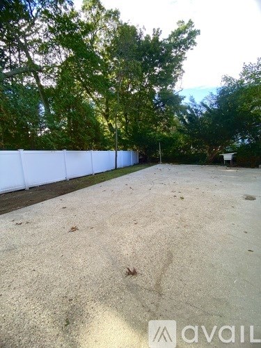 A white fence separates a parking lot from a wooded area.