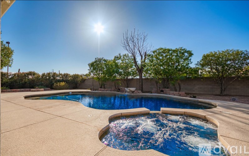 A sunny day at a pool with a tree in the background.