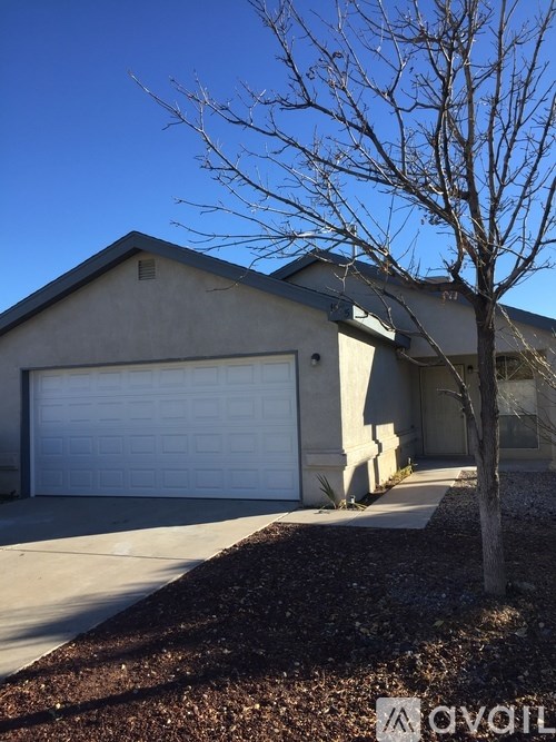 A house with a white garage door and a bare tree in front.