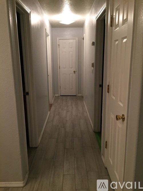 A hallway with a white door and a green line on the floor.