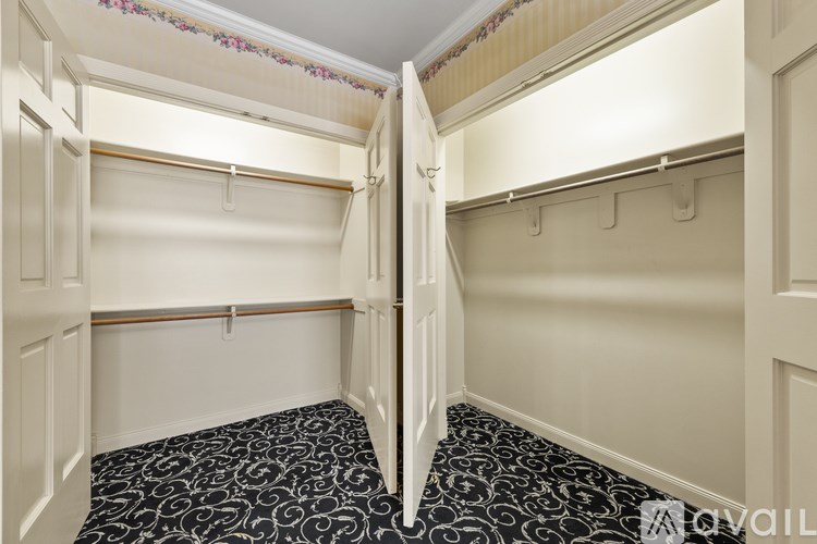 A walk-in closet with a black and white patterned carpet.